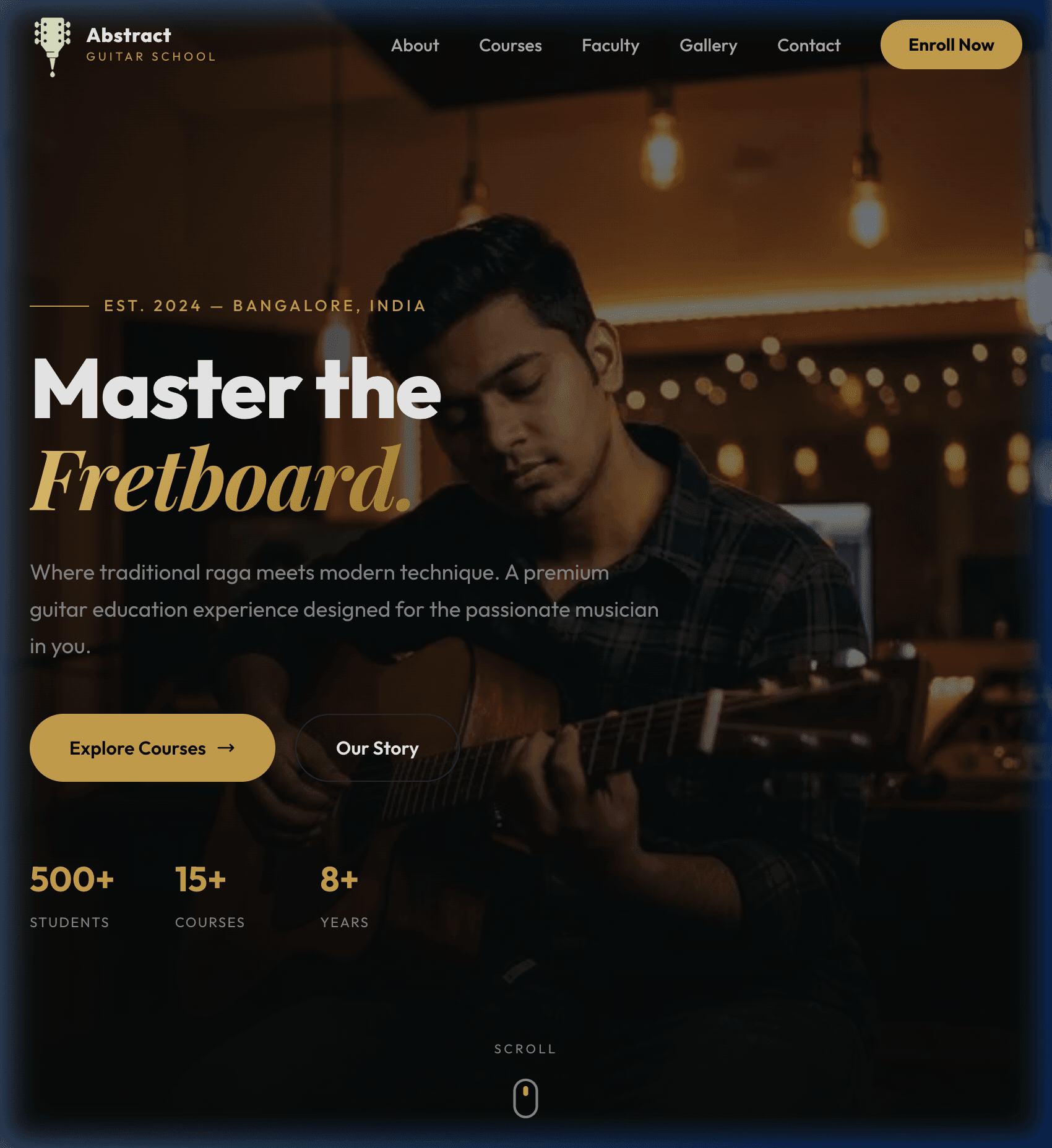 Hero — "Master the Fretboard" with cinematic studio photography