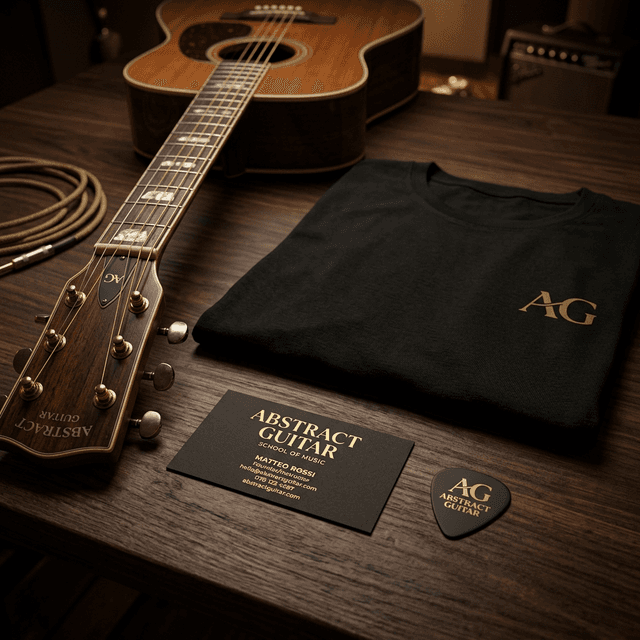 Brand Collateral — T-shirt, guitar pick, and business card