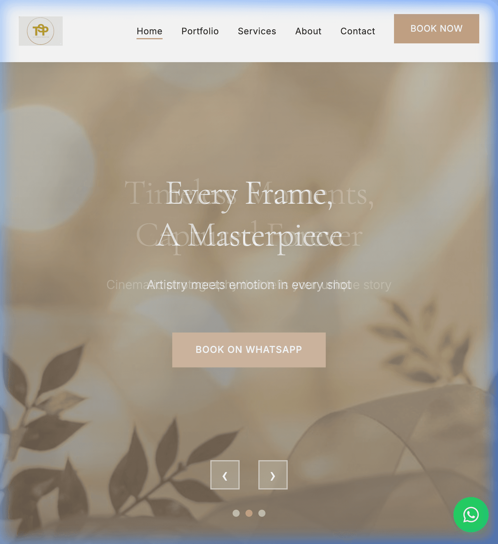 Homepage Hero — Cinematic carousel with "Book on WhatsApp" CTA