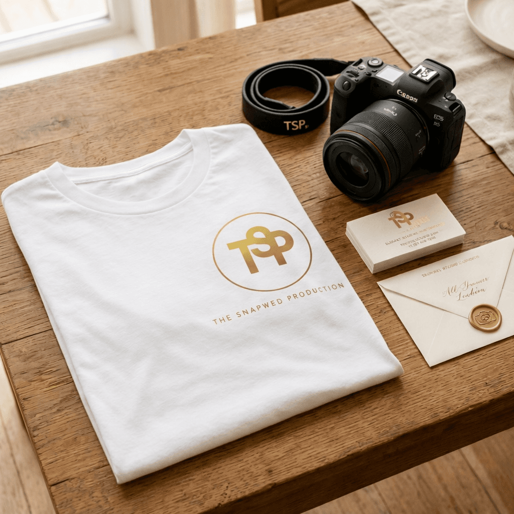 Brand Collateral — T-shirt, camera, business cards & wax-sealed envelope