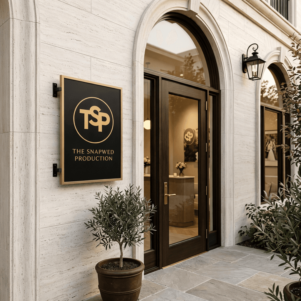Studio Signboard — Premium entrance branding with gold accent