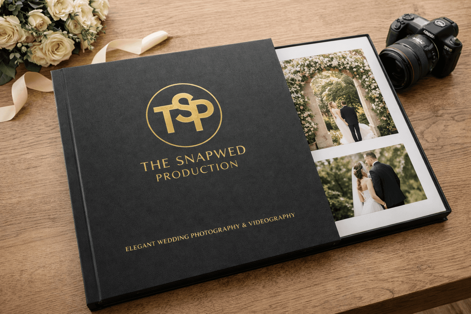 Wedding Album — Gold-embossed coffee table book with editorial spreads